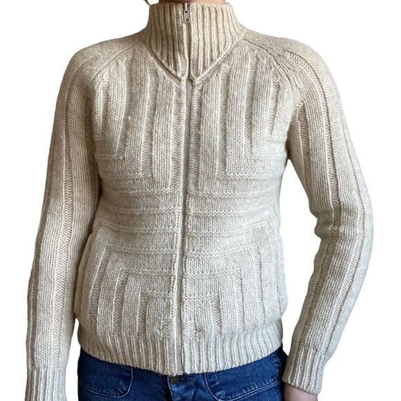 Vintage 80s Womens 100% Wool Chunky Knit Cream White Full Zip Preppy Cardigan M - Picture 6 of 10